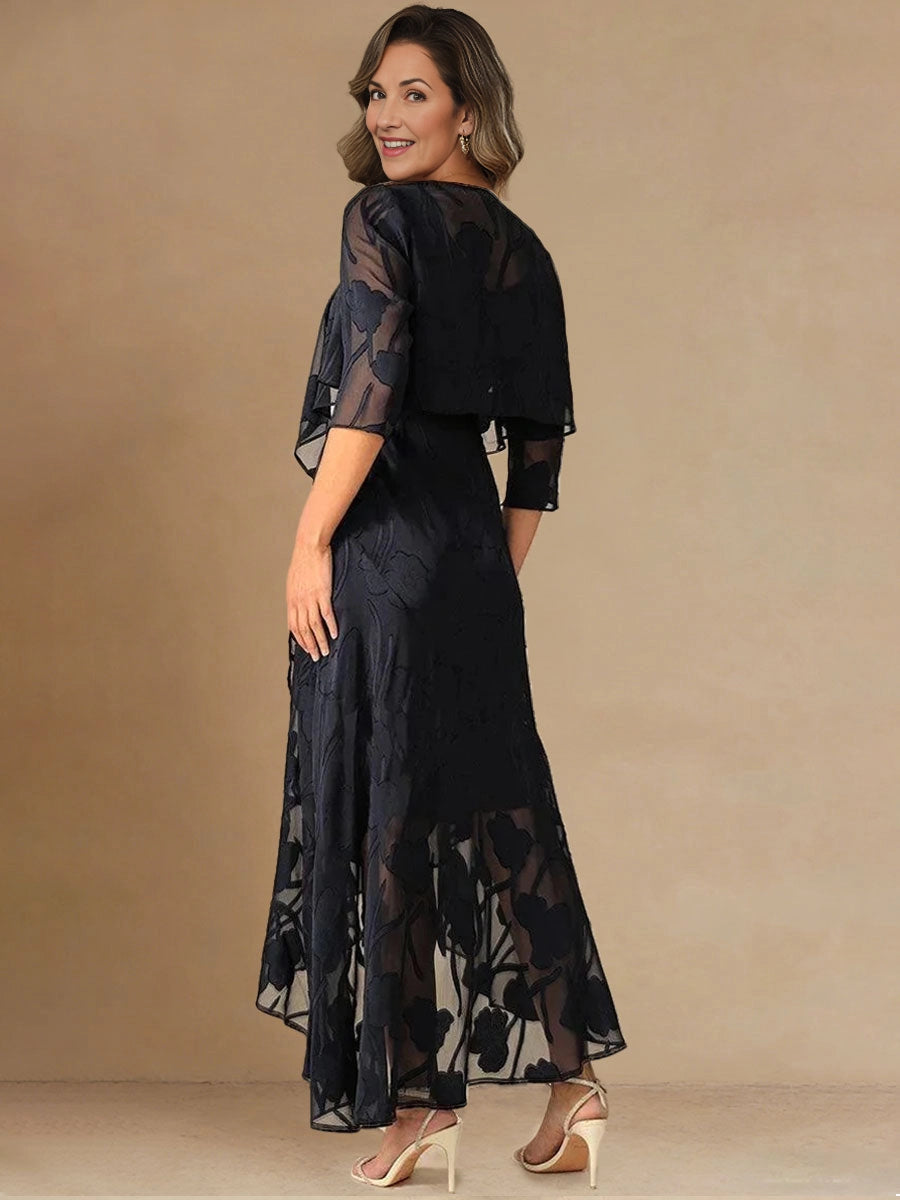 Vedress navy two‑piece mother bride gown back view,open chiffon bolero jacket,flowy asymmetrical high‑low skirt,solid tan backdrop