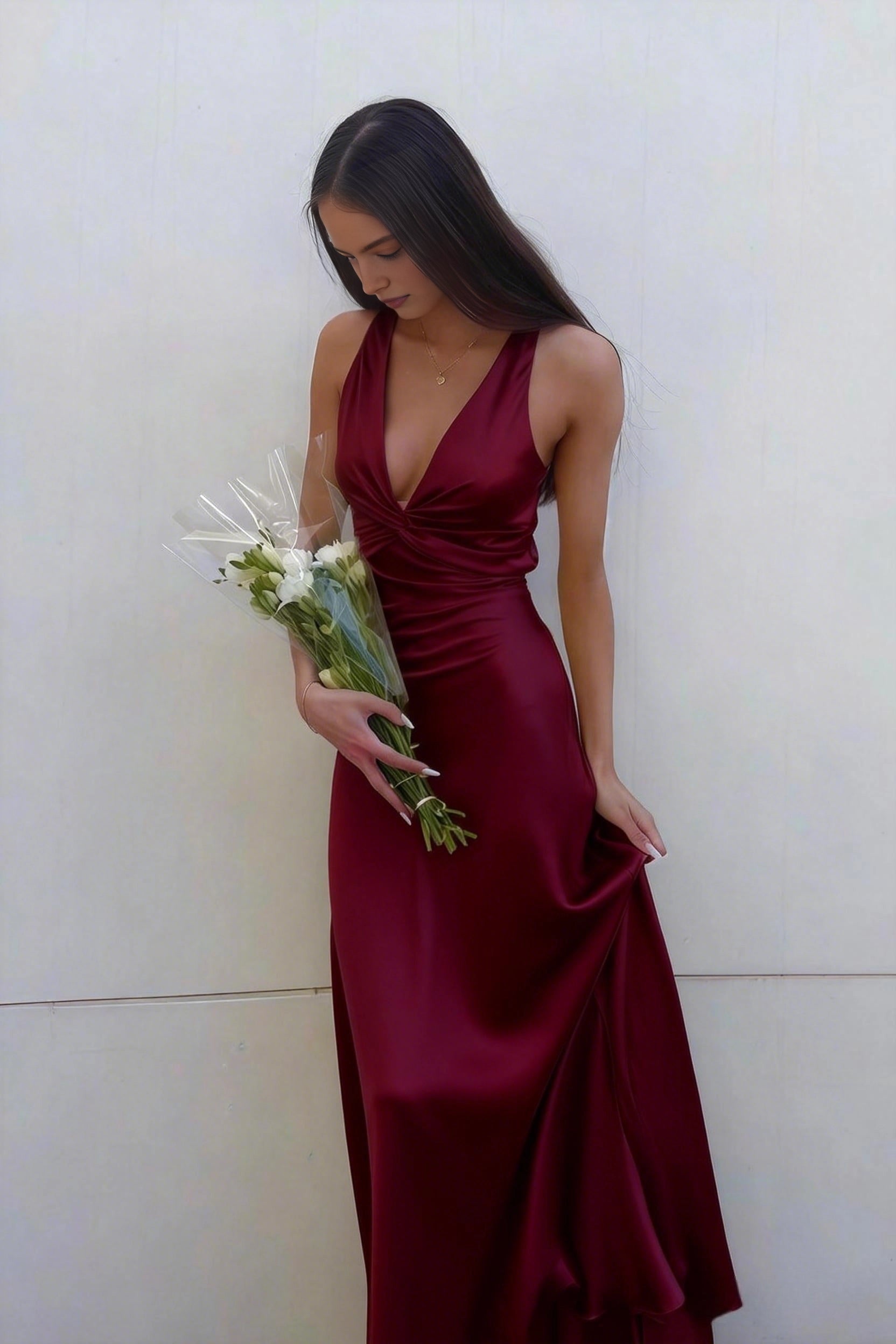 A‑line Satin Halter Twist‑front Open‑back Bow Floor‑length Prom Dress