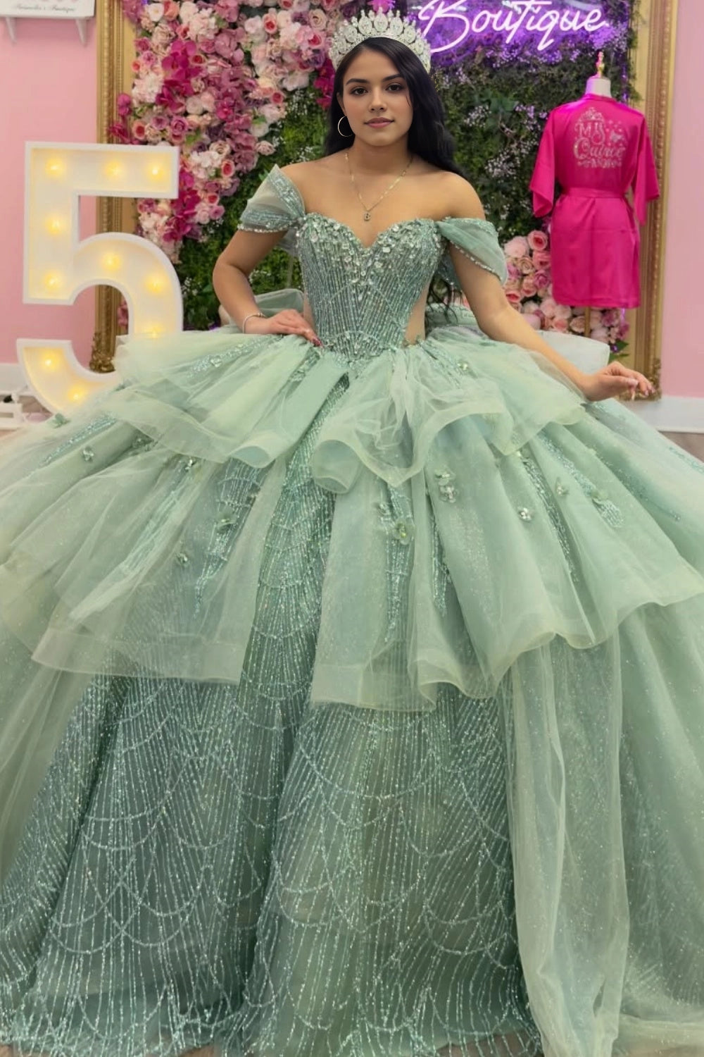 Sage Ball Gown Sweetheart Off‑Shoulder Corset Back Cathedral Train Quinceanera Dress