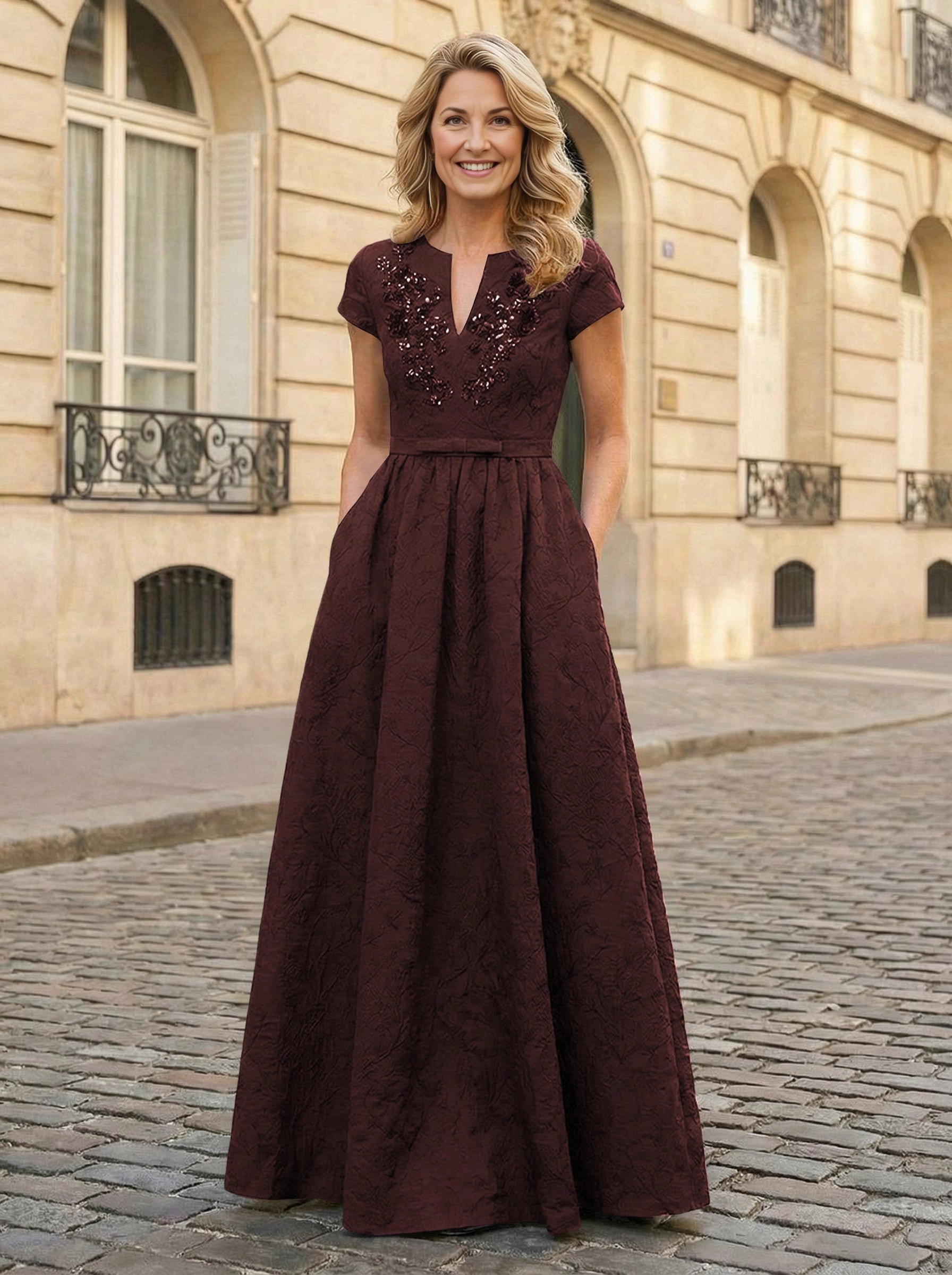 Chic Navy A‑Line Split‑Neck Cap‑Sleeve Zip‑Back Floor‑Length Mother‑of‑the‑Bride Dress