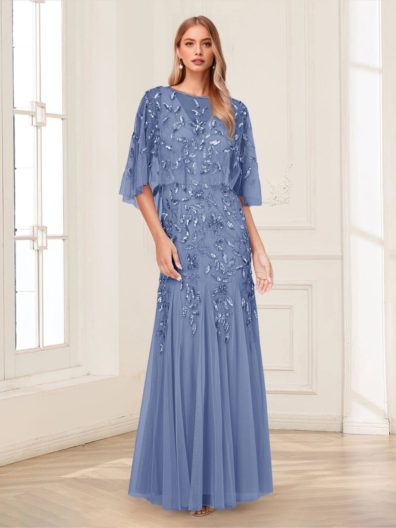 Glamorous Mermaid Round Cape‑Sleeve Zip‑Back Floor‑Length Plus Size Mother of the Bride Dress