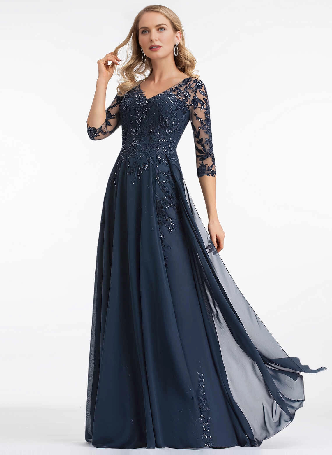 Elegant A‑Line V‑Neck 3/4 Sleeve Illusion Back Long Mother Of The Bride Dress