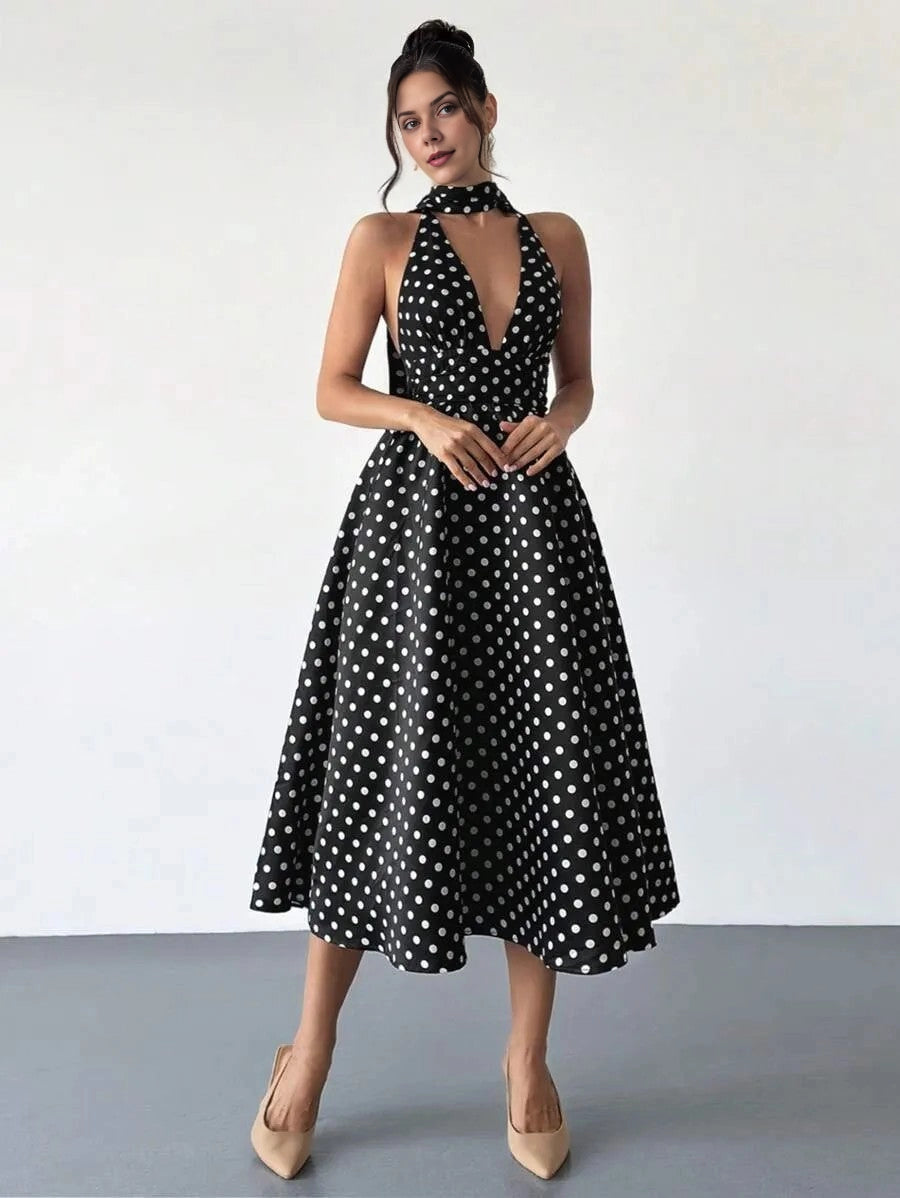 Chic A-Line Halter Sleeveless Tie-Back Midi Plus Size Prom Dress