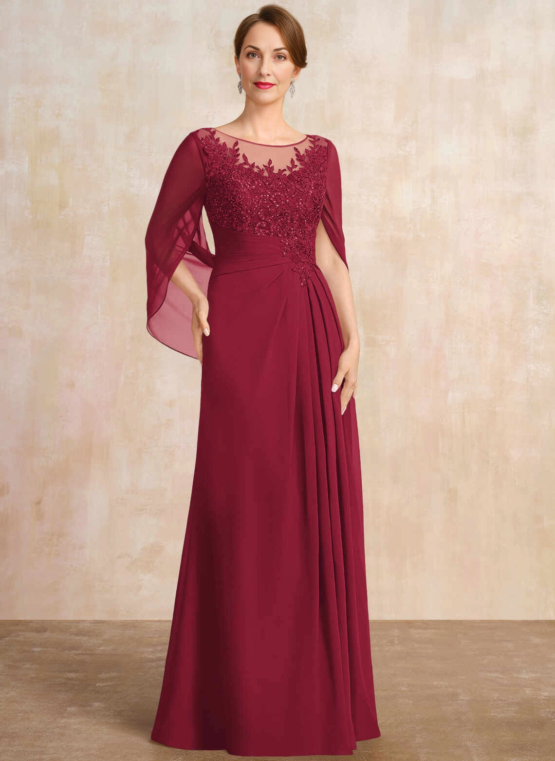 Elegant A‑Line Illusion Neck Cape Sleeve Floor‑Length Mother Of The Bride Dress