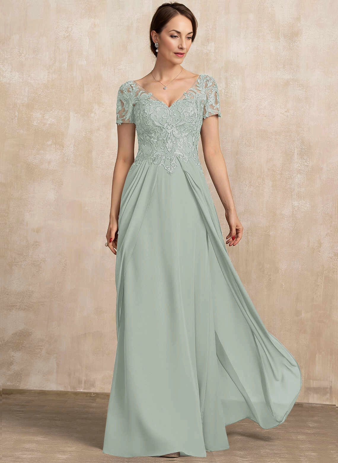 Elegant A‑Line V‑Neck Short‑Sleeve Illusion‑Back Floor‑Length Mother Of The Bride Dress