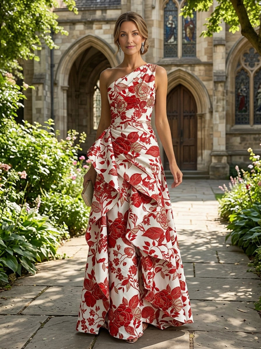 Chic Mermaid One‑Shoulder Sleeveless Zip‑Back Floral Floor‑Length Mother Of The Bride Dress 