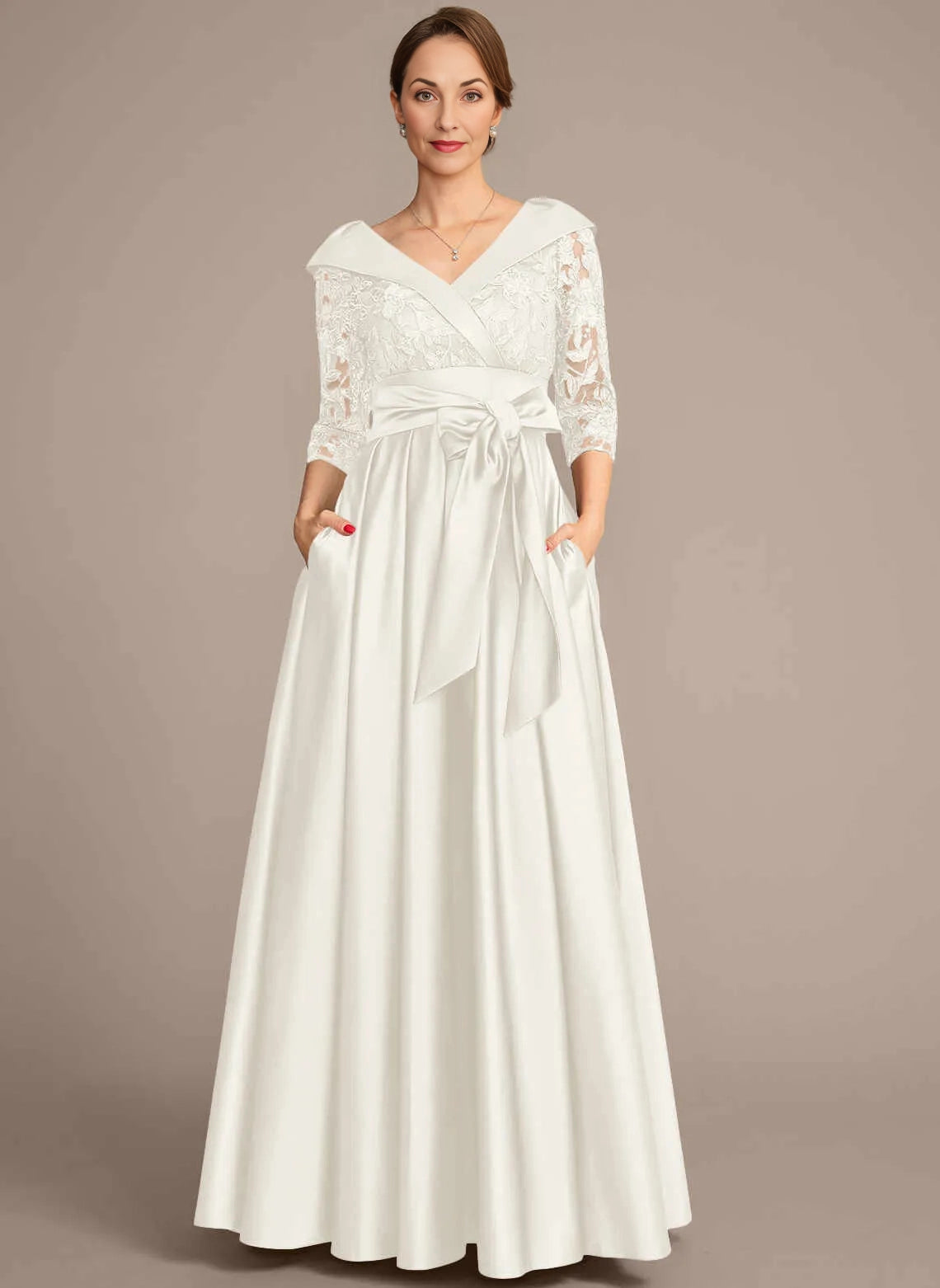 Elegant A‑Line V‑Neck 3/4 Sleeve Zipper‑Back Floor‑Length Mother Of The Bride Dress