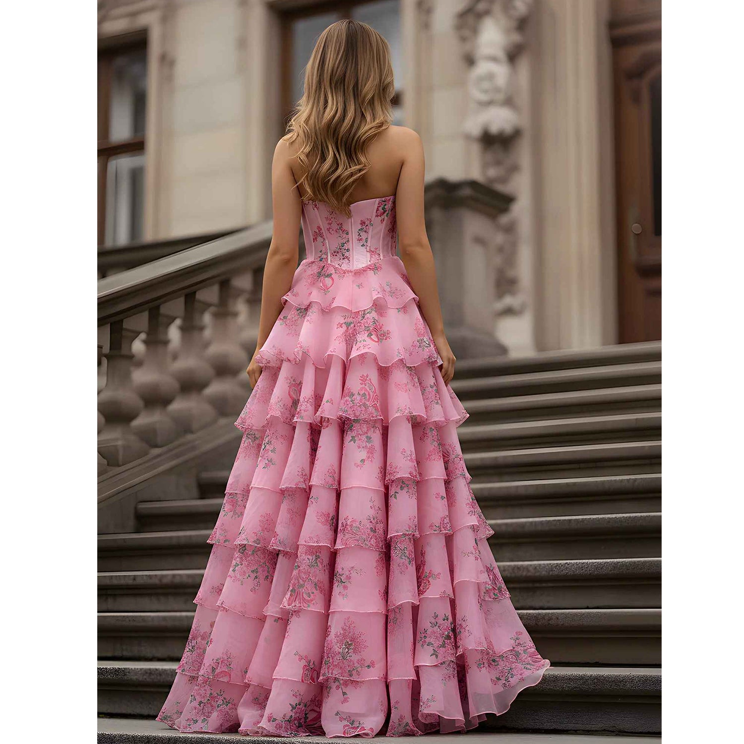 Vestido de Noche de Tul Escalado con Estampado Floral sin Tirantes y Abertura Alta - Vestido de Corsé Formal para Fiesta de Graduación e Invitada de Boda