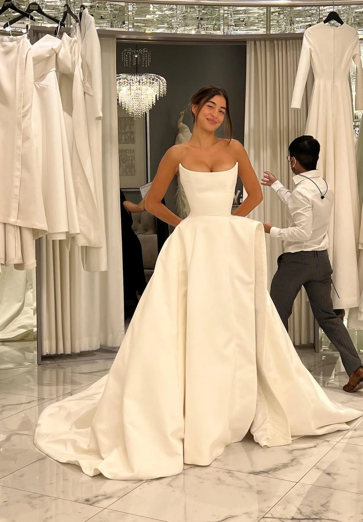 Charming A Line Strapless White Satin Long Wedding Dress with Slit Timeless Strapless Ball Gown for Garden & Outdoor Weddings