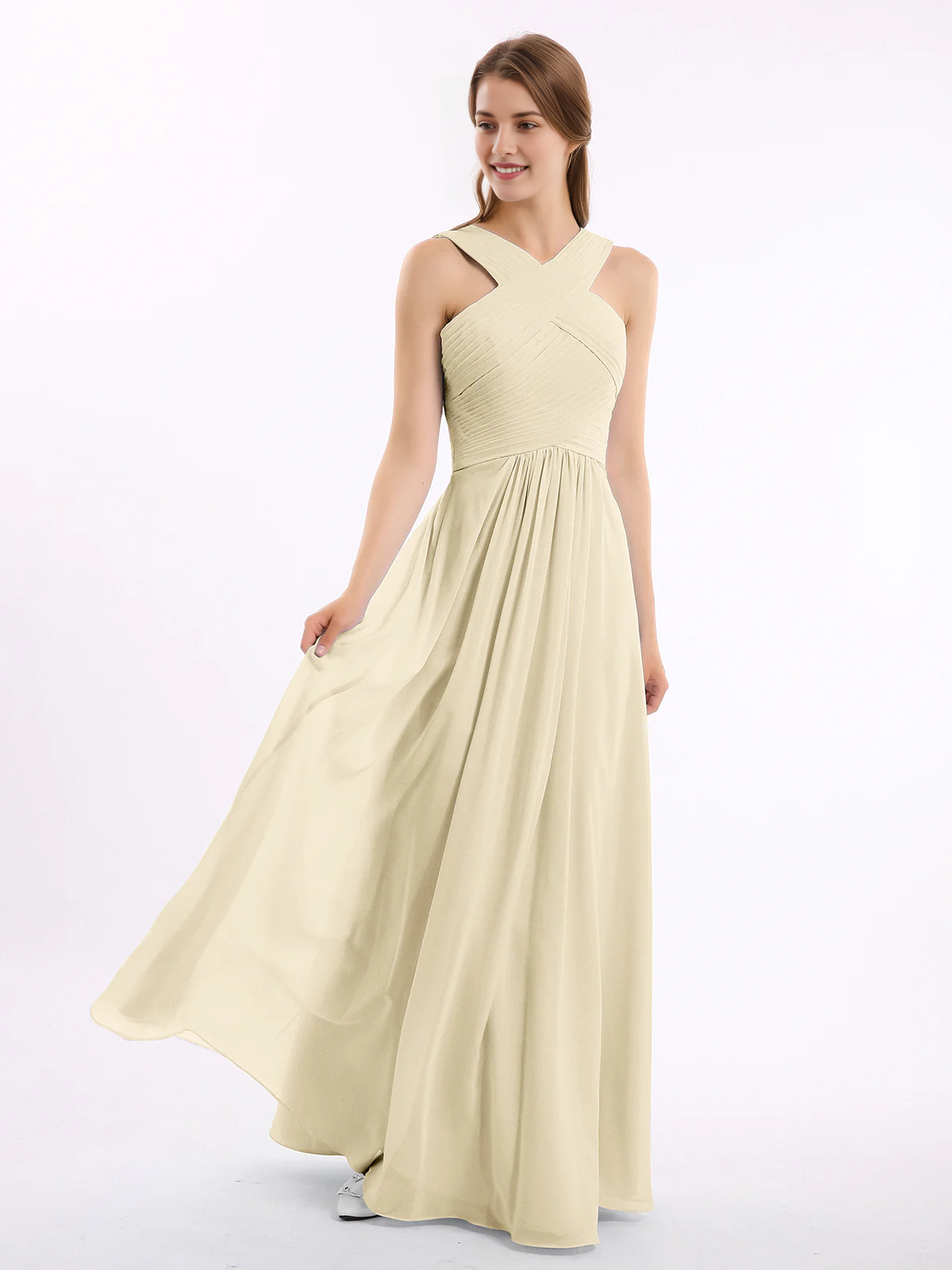 Crisscross Neck Pleated Bodice Flowy Chiffon A-Line Floor-Length Bridesmaid Evening Maxi Dress