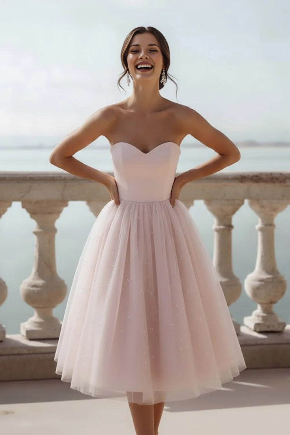 Strapless Sweetheart Corset Tulle Midi Dress with Sparkle Details