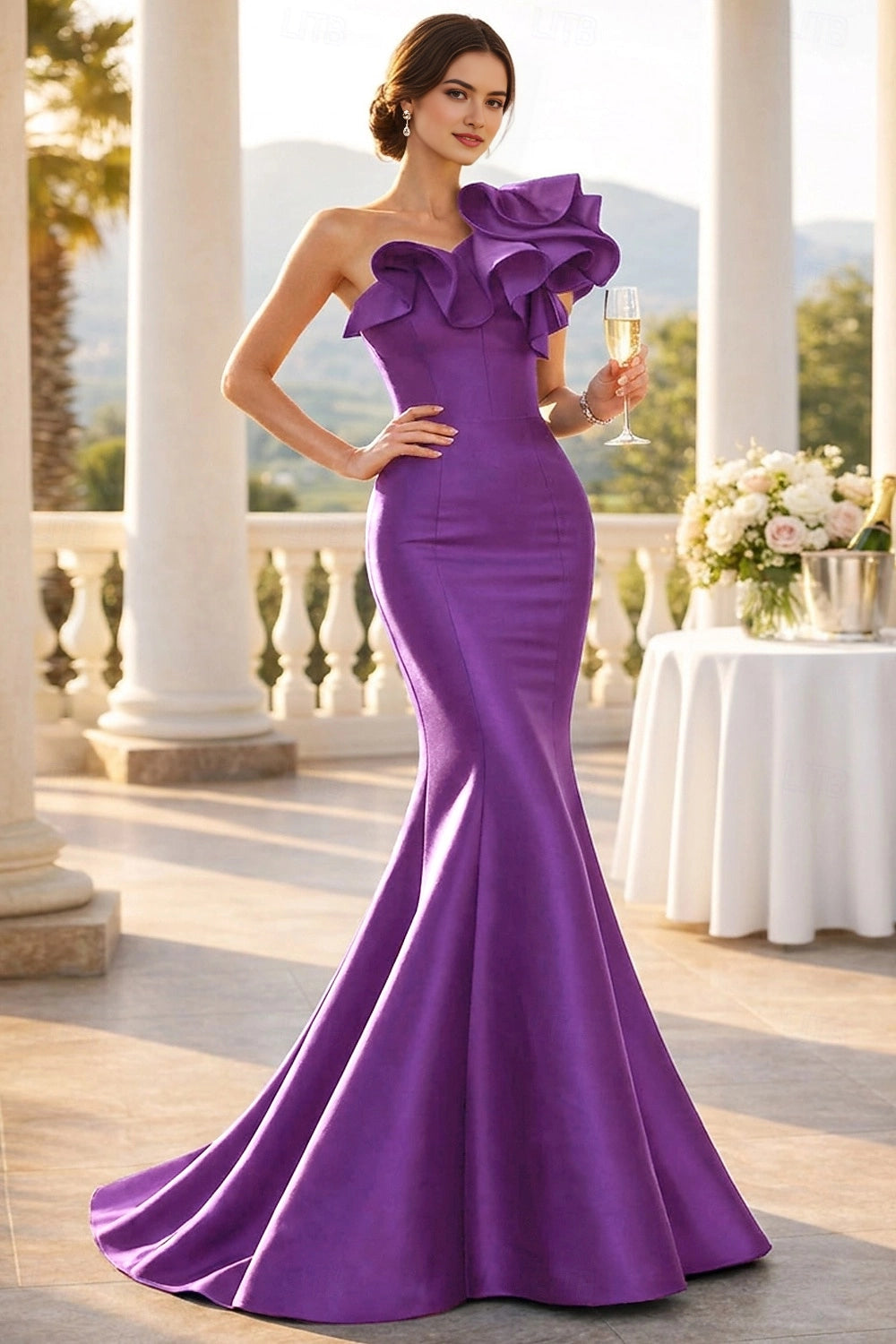 Satin Mermaid One Shoulder Zip Back Train Formal Prom Dress
