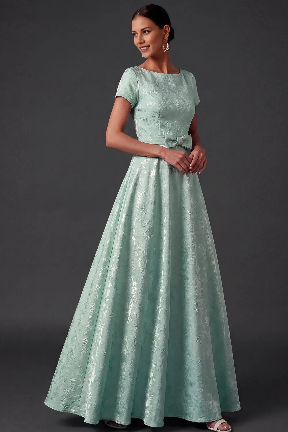 Bateau Neck Short Sleeve Solid Jacquard A-Line Maxi Dress with Waist Bow