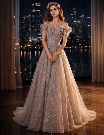 Vedress champagne sparkly off shoulder a line prom dress front view city night scenery indoor shoot
