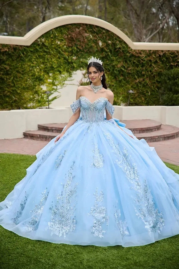 Ball Gown Off Shoulder Sequin Bow Long Train Quinceañera Dress