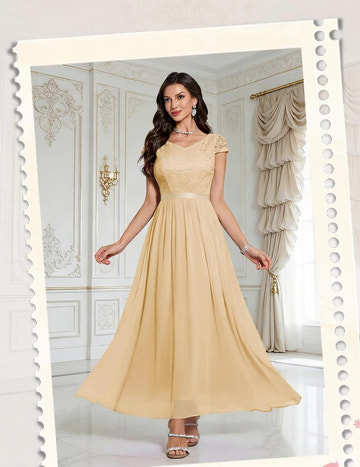 Lace & Chiffon Bridesmaid Dress - V-Neck Cap Sleeve Long Formal Gown for Wedding Guest, Evening Party, Prom