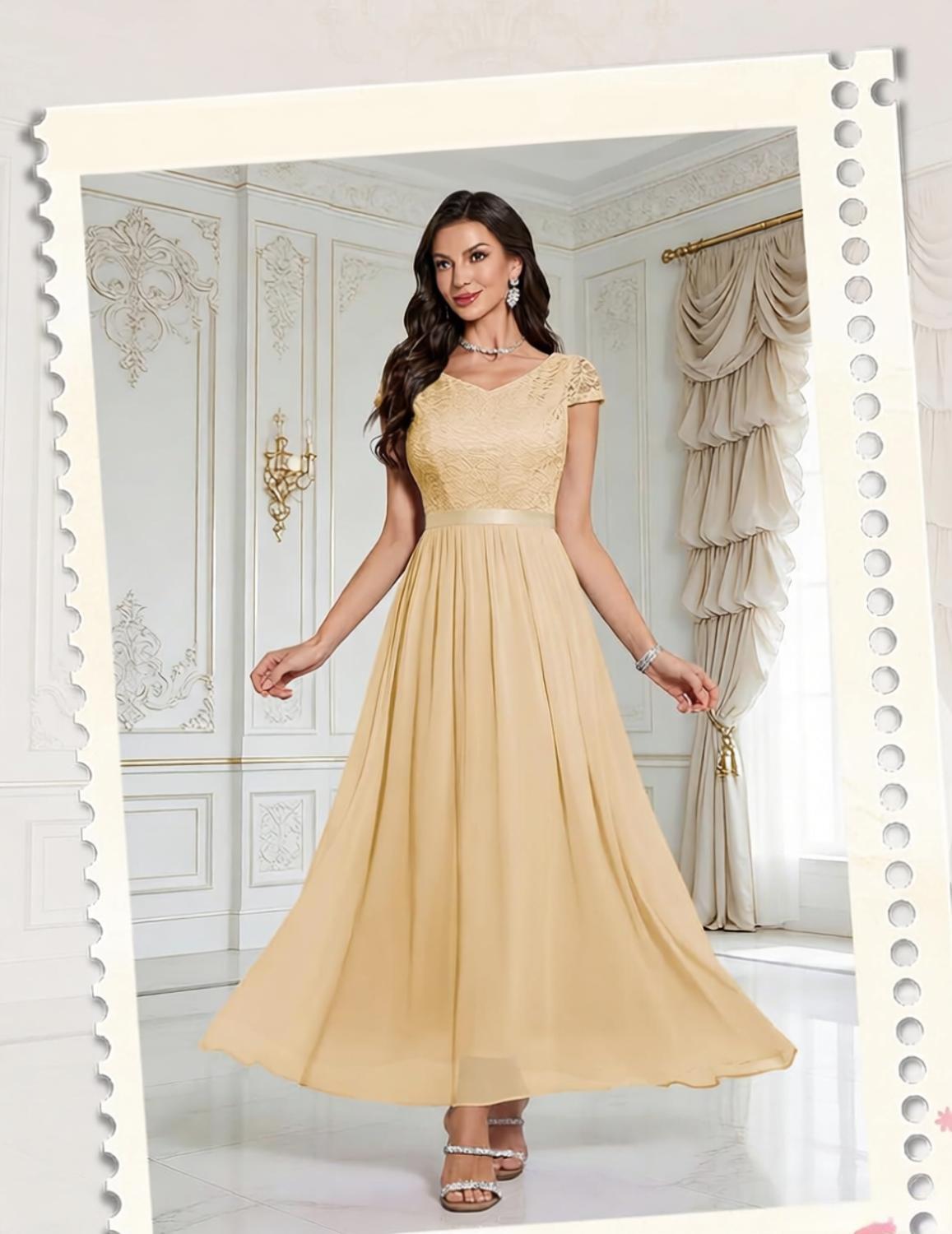 Lace & Chiffon Bridesmaid Dress - V-Neck Cap Sleeve Long Formal Gown for Wedding Guest, Evening Party, Prom