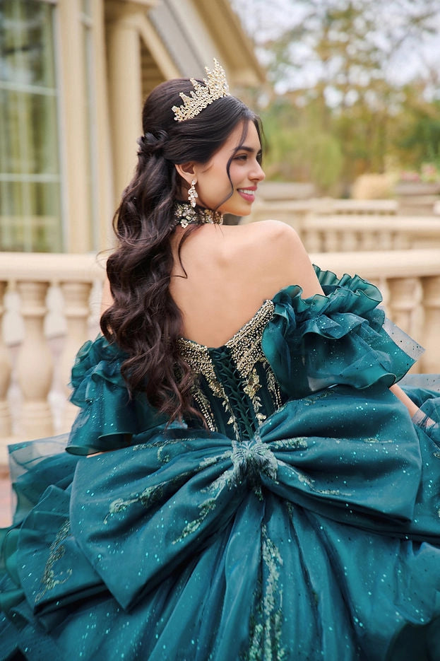 Ball Gown Off Shoulder Ruffle Bow Long Train Quinceañera Dress