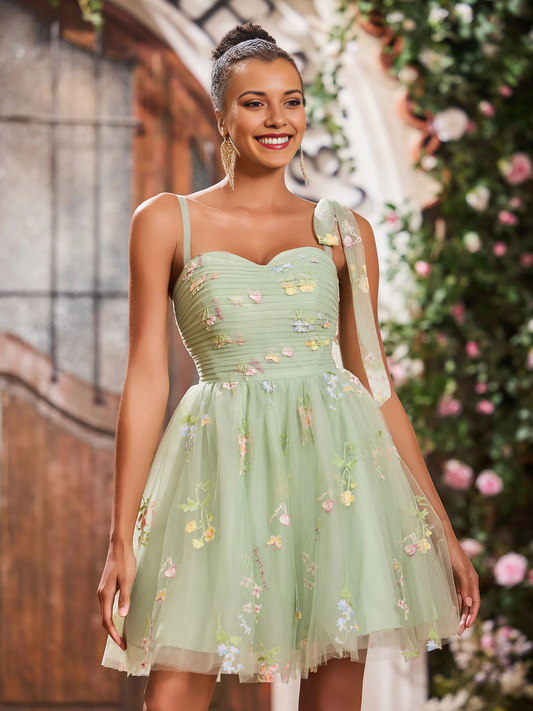 Sage Green Floral Embroidered Tulle Mini Dress - Asymmetric Strap Sweetheart Neckline Homecoming & Cocktail Dress
