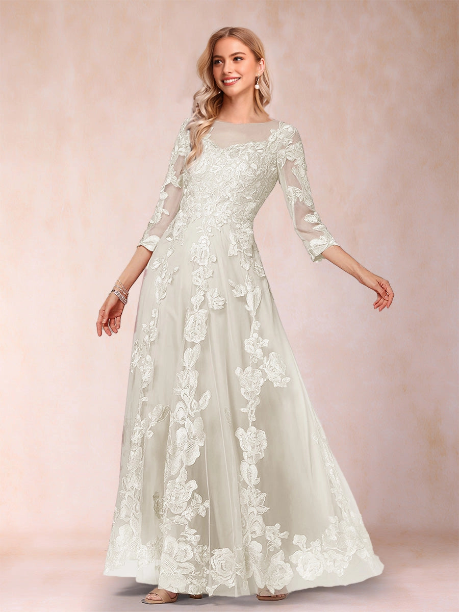 Romantic A‑Line Illusion Round‑Neck 3/4‑Sleeve Keyhole‑Zip‑Back Floor‑Length Mother Of The Bride Dress