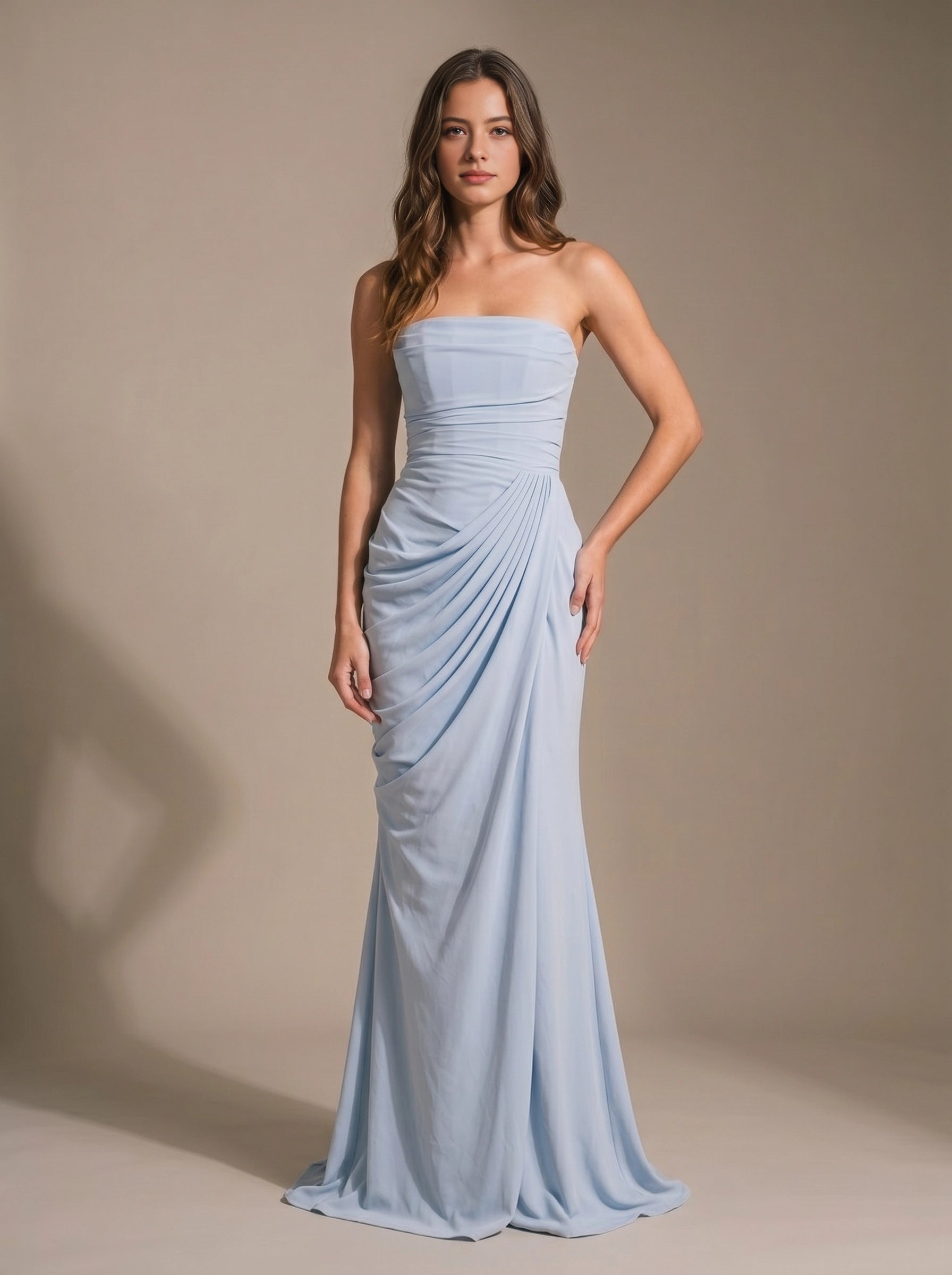 Pale‑Yellow Mermaid Strapless Draped Lace‑Up‑Back Slit Bridesmaid Dress