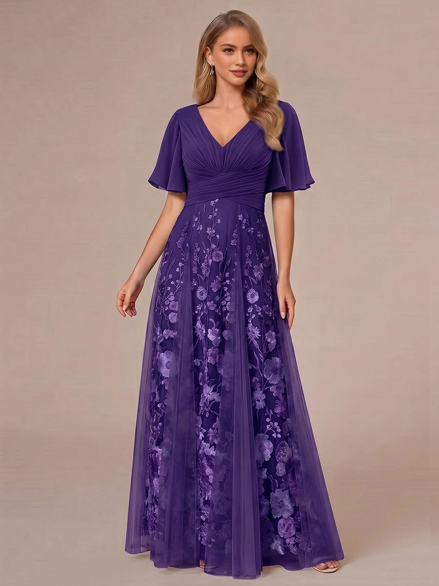 Charming Dusty Pink A-Line V-Neck Flutter-Sleeve V-Back Floor-Length Mother Of The Bride Dress