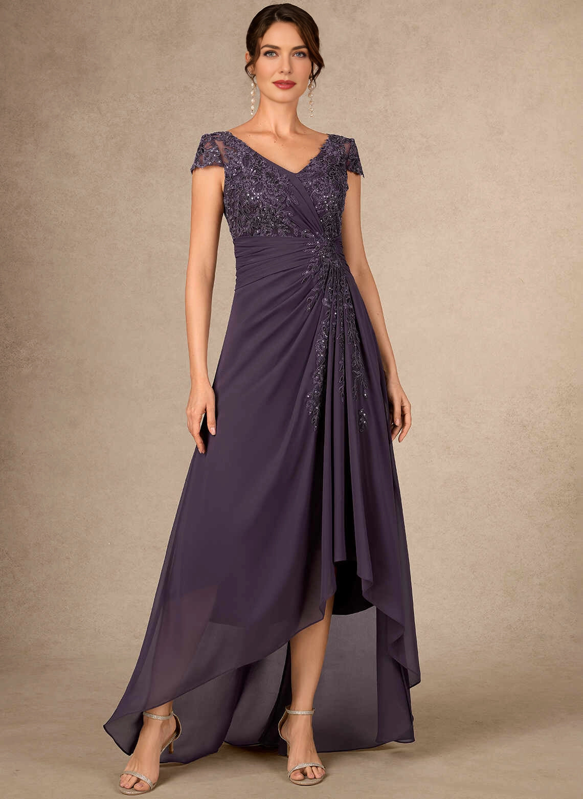 Chic A‑Line V‑Neck Cap Sleeve Ruched High Low Mother Of The Bride Dress