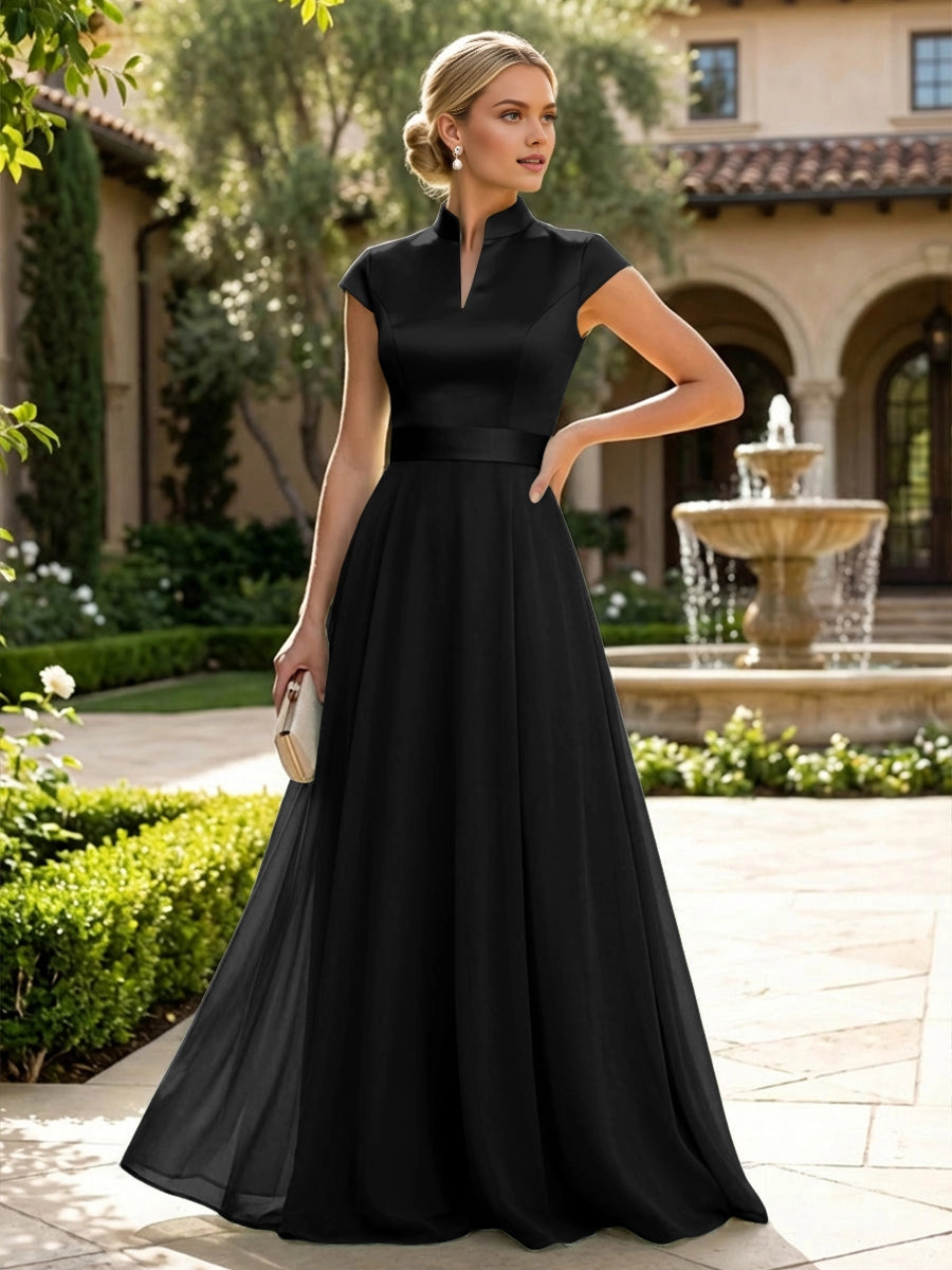 Elegant Sage A‑Line Stand‑Collar Cap‑Sleeve Zip‑Back Floor‑Length Mother Of The Bride Dress