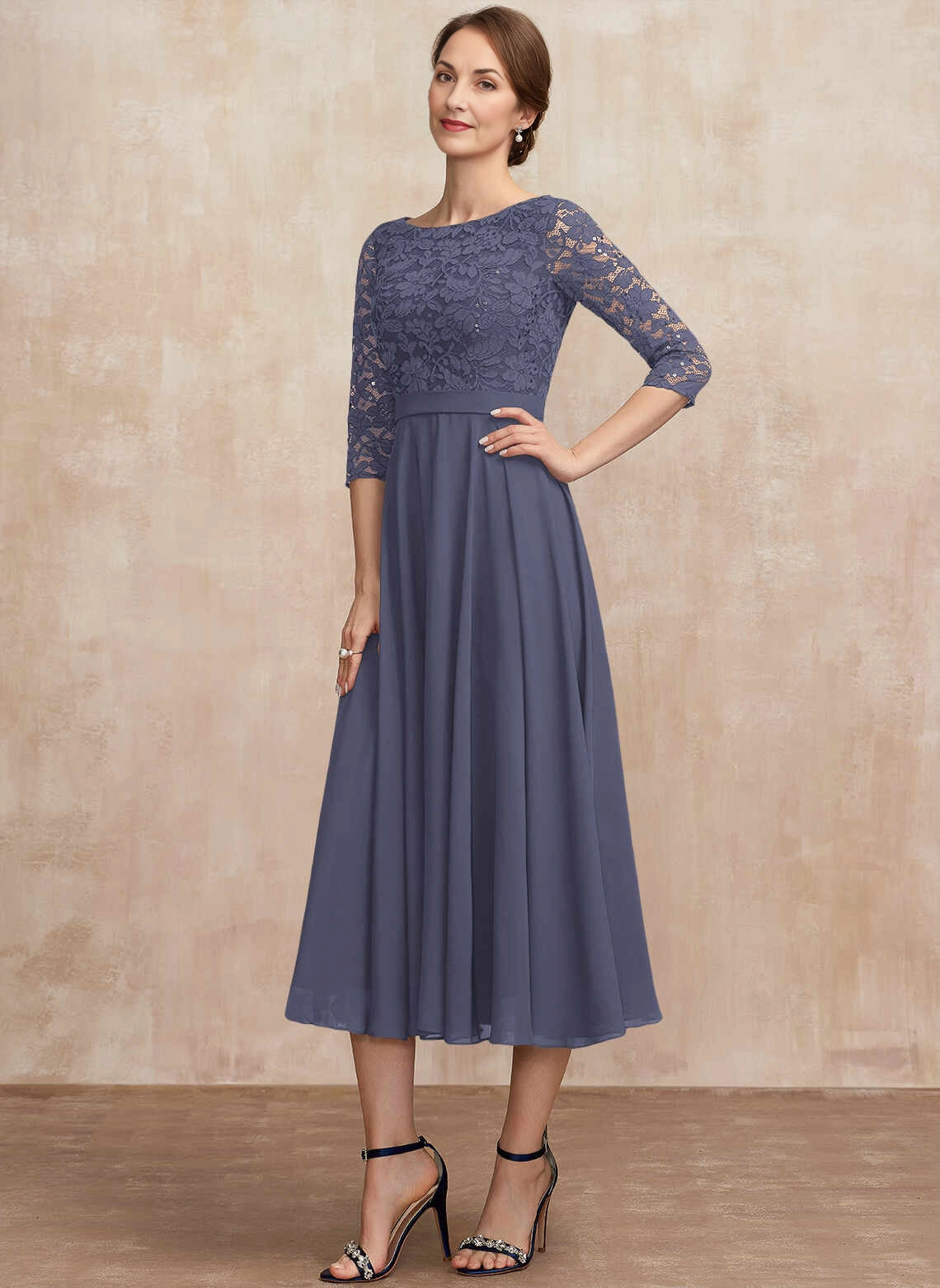 Modest A‑Line Bateau‑Neck Elbow‑Sleeve Zip‑Back Midi Mother Of The Bride Dress