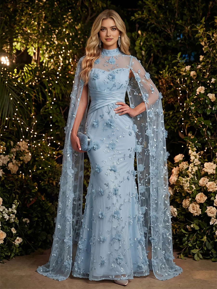 Mermaid High‑Neck Cape‑Sleeve Zip‑Back Floor‑Length Prom Dress 