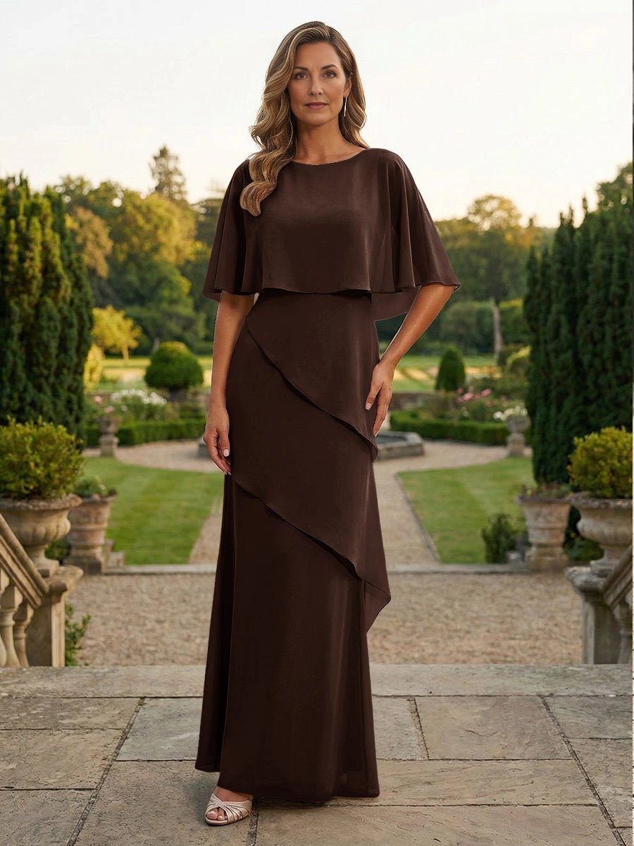 Graceful Taupe Sheath Boat‑Neck Cape‑Sleeve Zip‑Back Floor‑Length Mother‑of‑the‑Bride Dress
