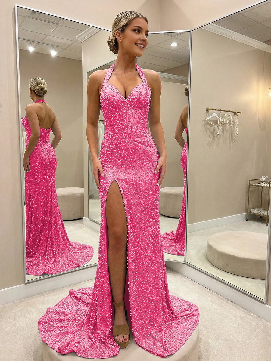 Glamorous Mermaid Halter V‑Neck Sleeveless Open‑Back Floor‑Length Prom Dress