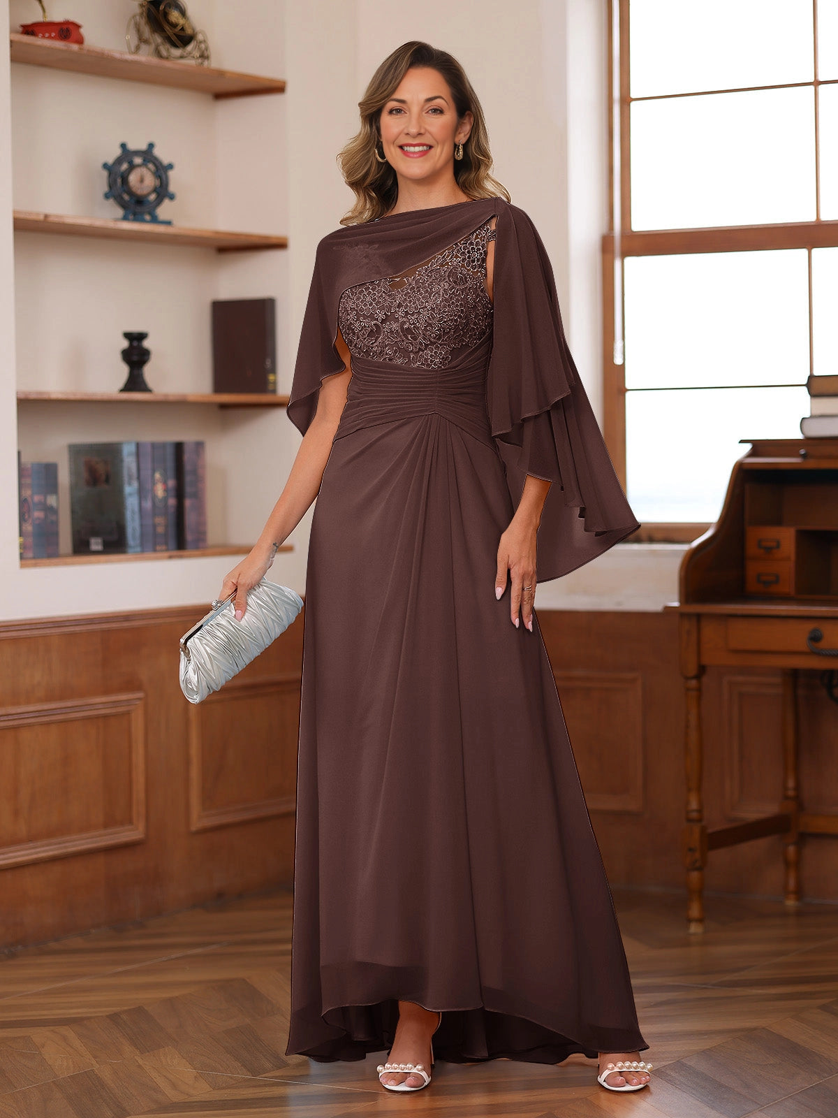 Elegant A Line Bateau Neck Cape Sleeve Sheer Back Floor Length Mother Of The Bride Dress