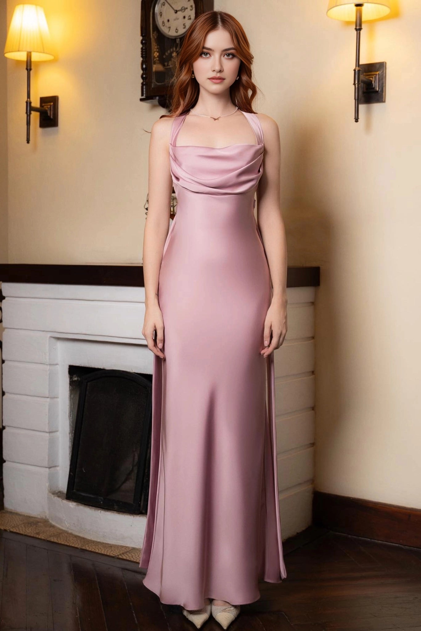 Satin Sheath Cowl‑Neck Crisscross Tie‑Back Maxi Prom Dress