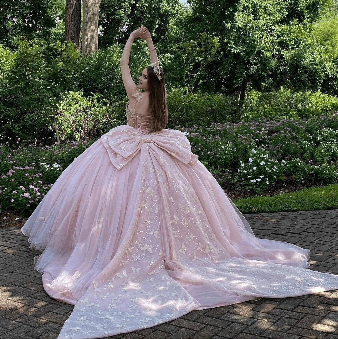Light Pink Ballgown Sweetheart Spaghetti Strap Sleeveless Lace-up Back Sweep Train Quinceañera Dress