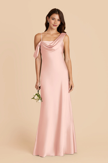 Asymmetric Off-the-Shoulder Cowl Neck Satin Mermaid Bridesmaid Maxi Dress