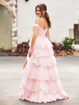 Off-the-Shoulder Lace Applique Tiered Tulle Evening Gown with High Slit - Formal Prom & Wedding Guest Dress