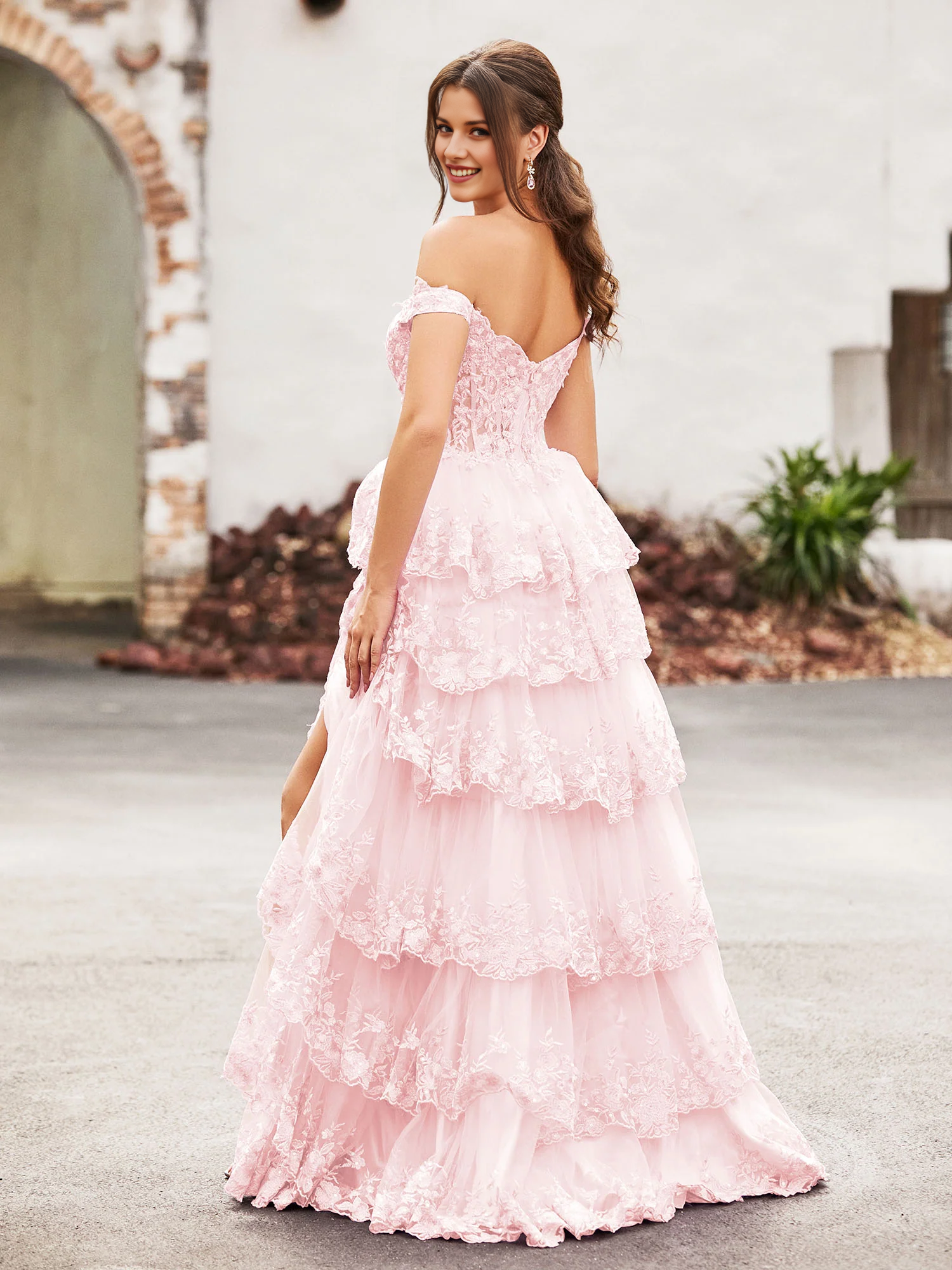 Off-the-Shoulder Lace Applique Tiered Tulle Evening Gown with High Slit - Formal Prom & Wedding Guest Dress