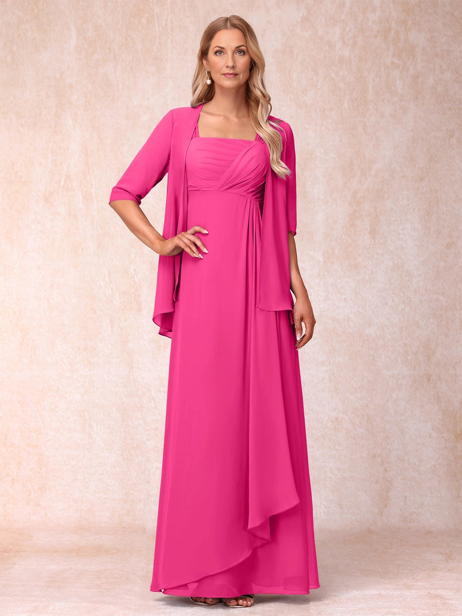 Elegant A Line Square Neck 3/4 Sleeve Open Back Floor Length Mother Of The Bride Dress