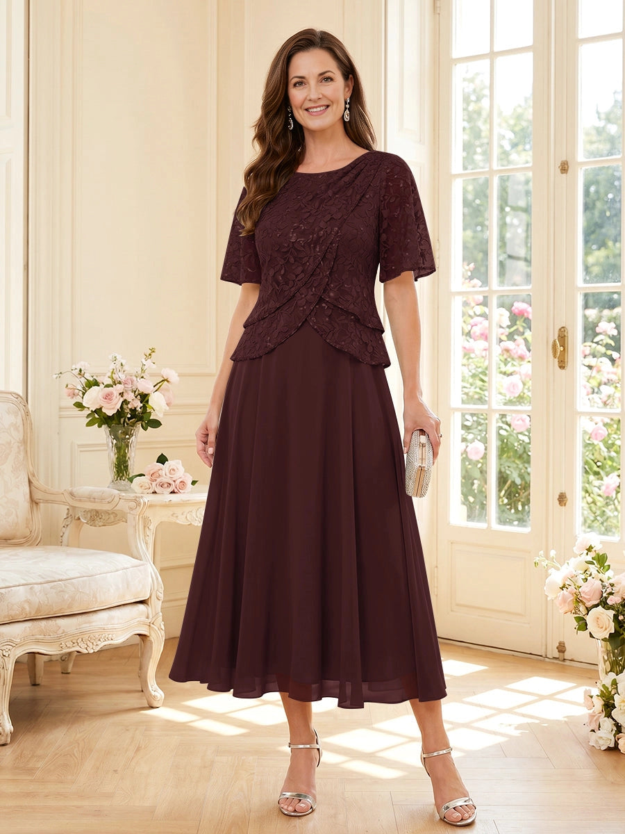 Elegant A Line Round Neck Elbow Sleeve Zipper Back Tea‑Length Mother Of The Bride Dress 