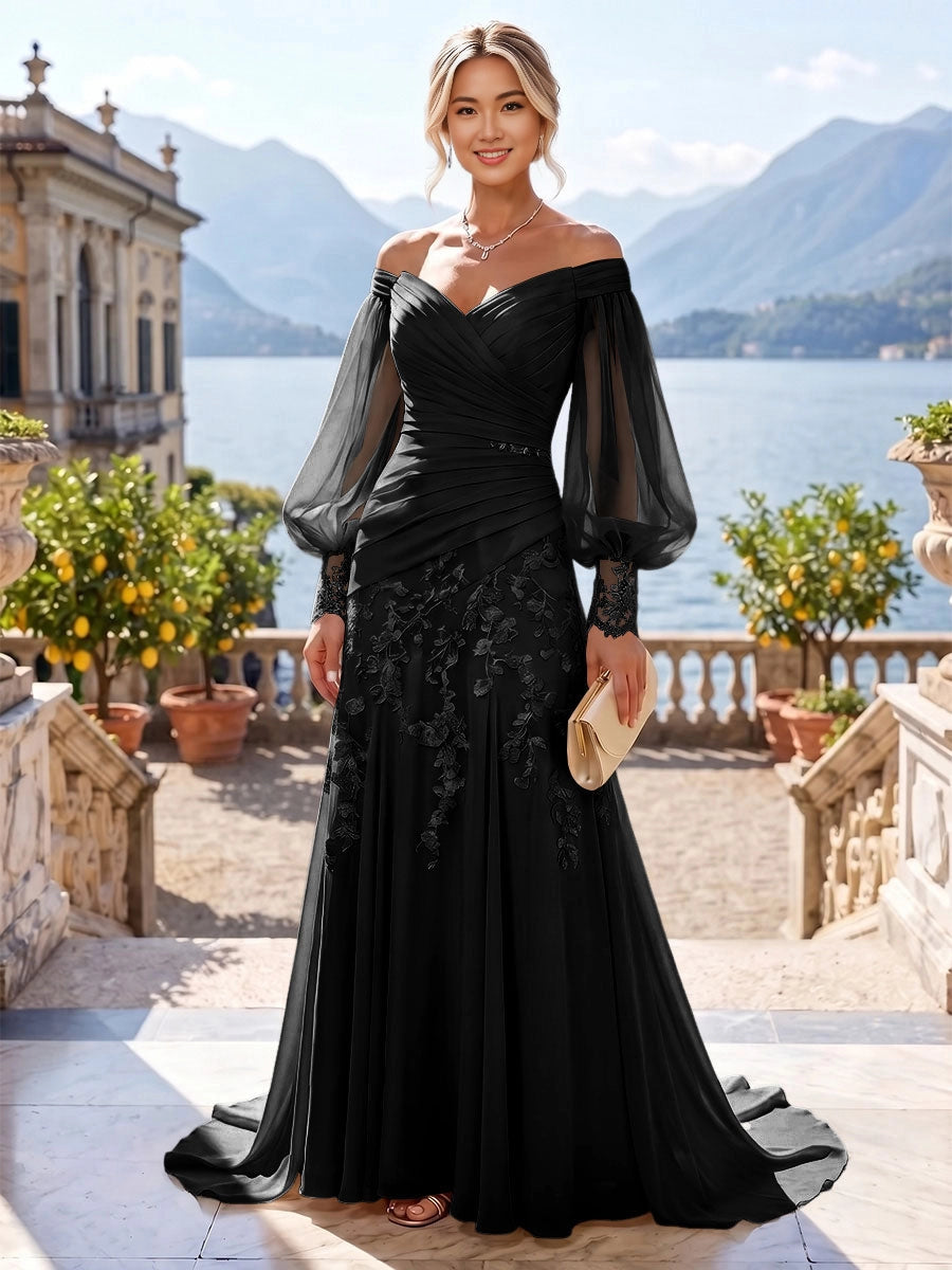 Romantic Mermaid Off-Shoulder Puff-Sleeve Zip-Back Sweep-Train Plus Size Mother of the Bride Dress