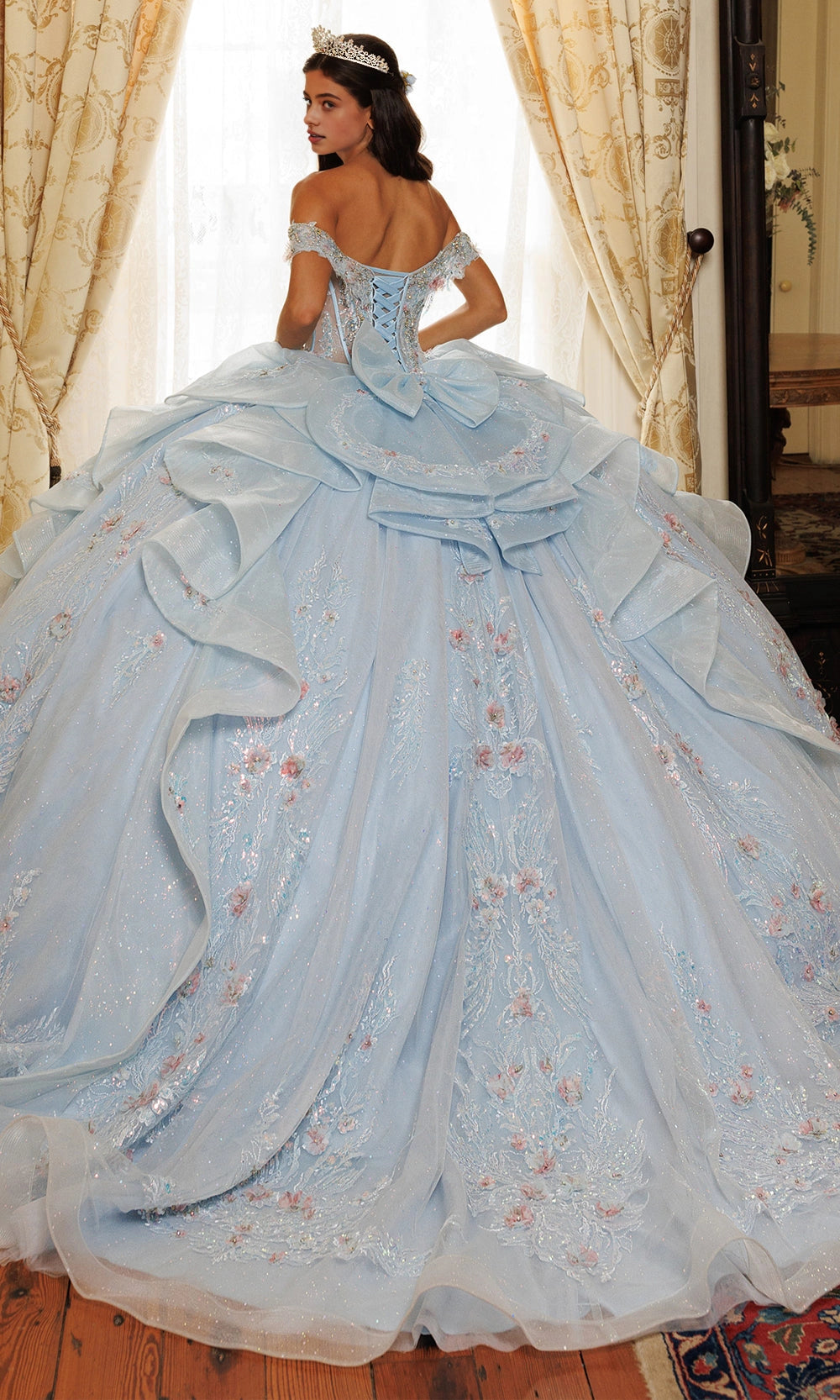 Ball Gown Off‑Shoulder Sweetheart Corset Back Big Bow Long Train Quinceanera Dress