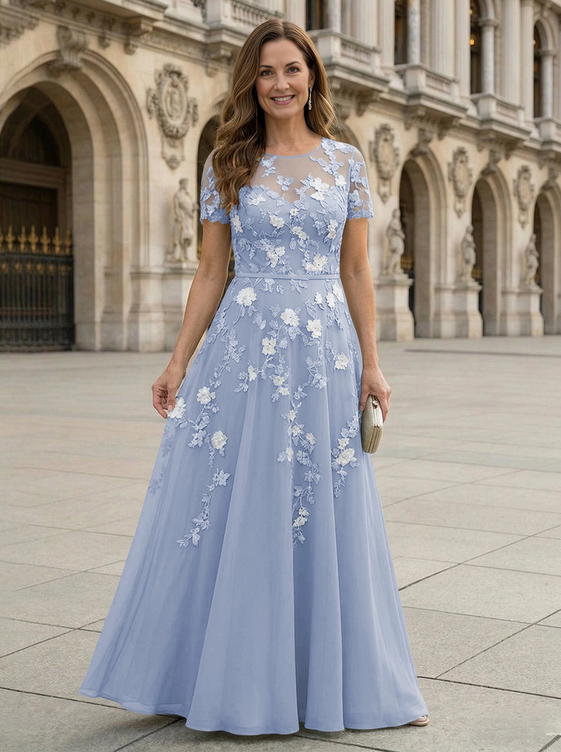 Elegant Sage A‑Line Round‑Neck Short‑Sleeve Zip‑Back Floor‑Length Mother‑of‑the‑Bride Dress