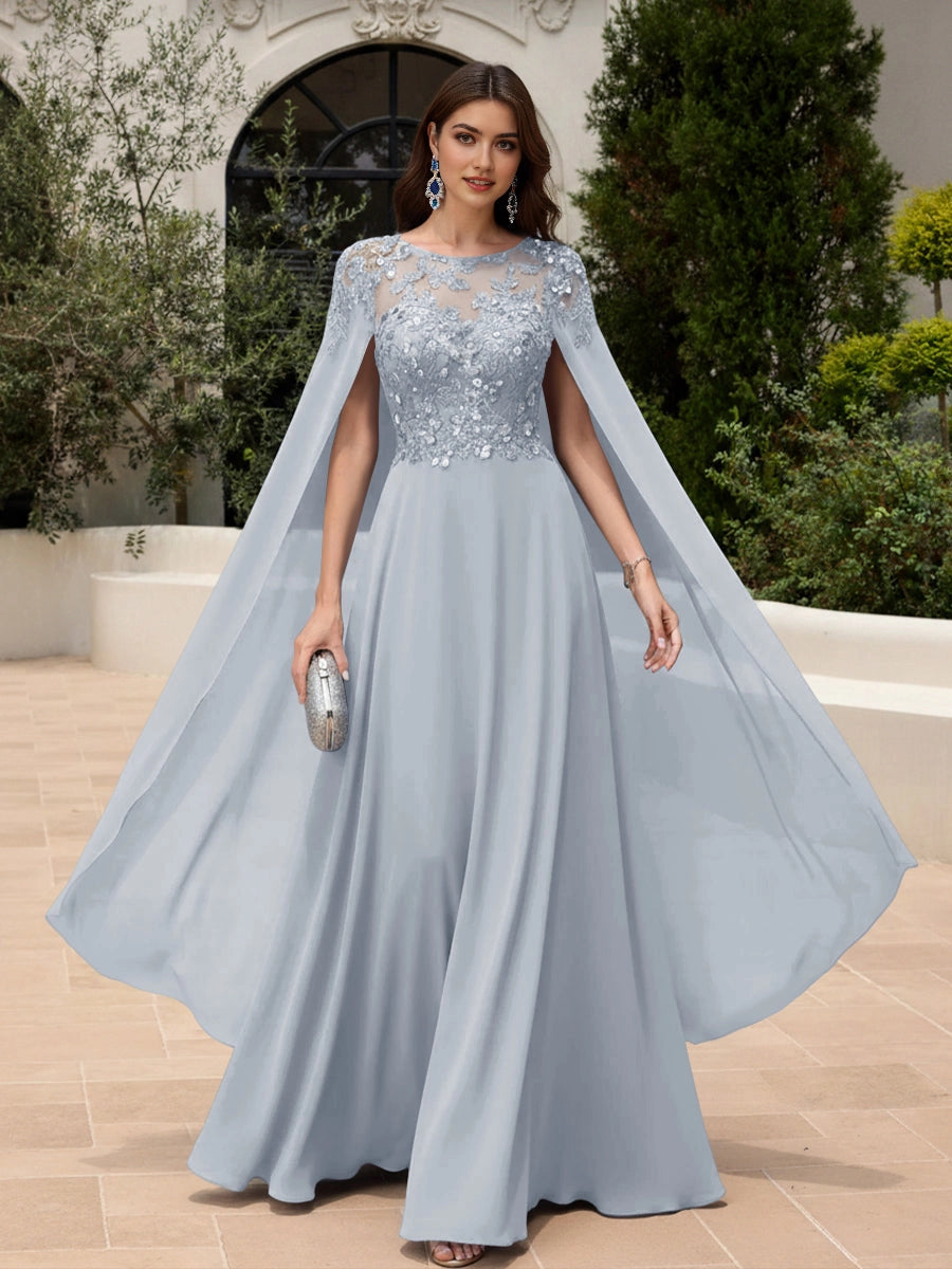 Elegant A‑Line Illusion Neck Cape Sleeve Solid Back Floor‑Length Prom Dress 