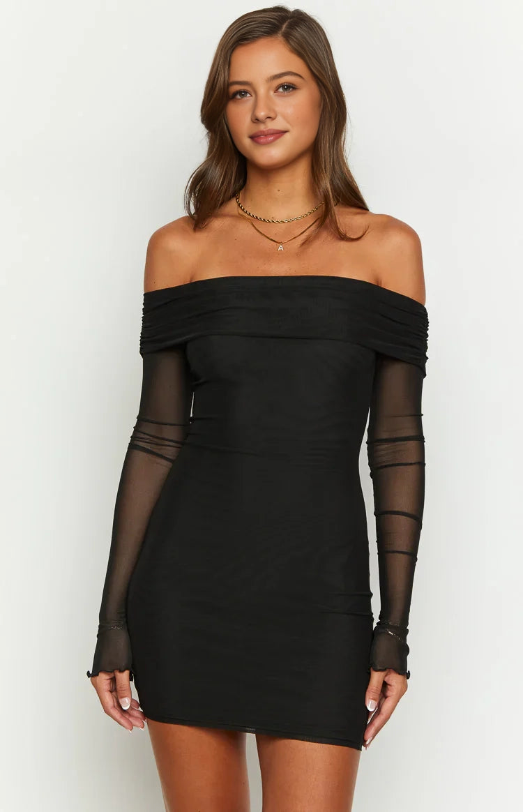 Black Bodycon Off Shoulder Long Sleeve Open Back Mini Homecoming Dress