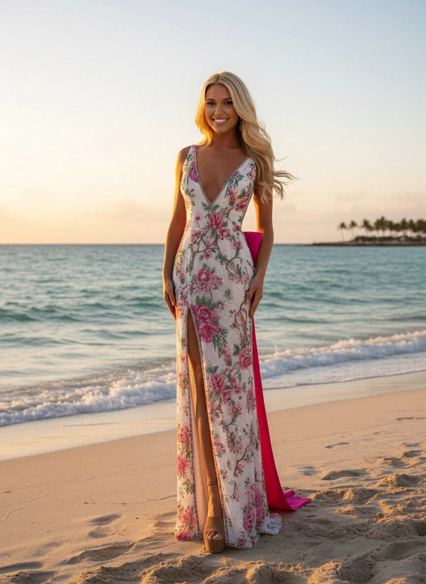 Stunning Mermaid Deep‑V Sleeveless Open‑Back Slit Floor‑Length Floral Print Prom Dress