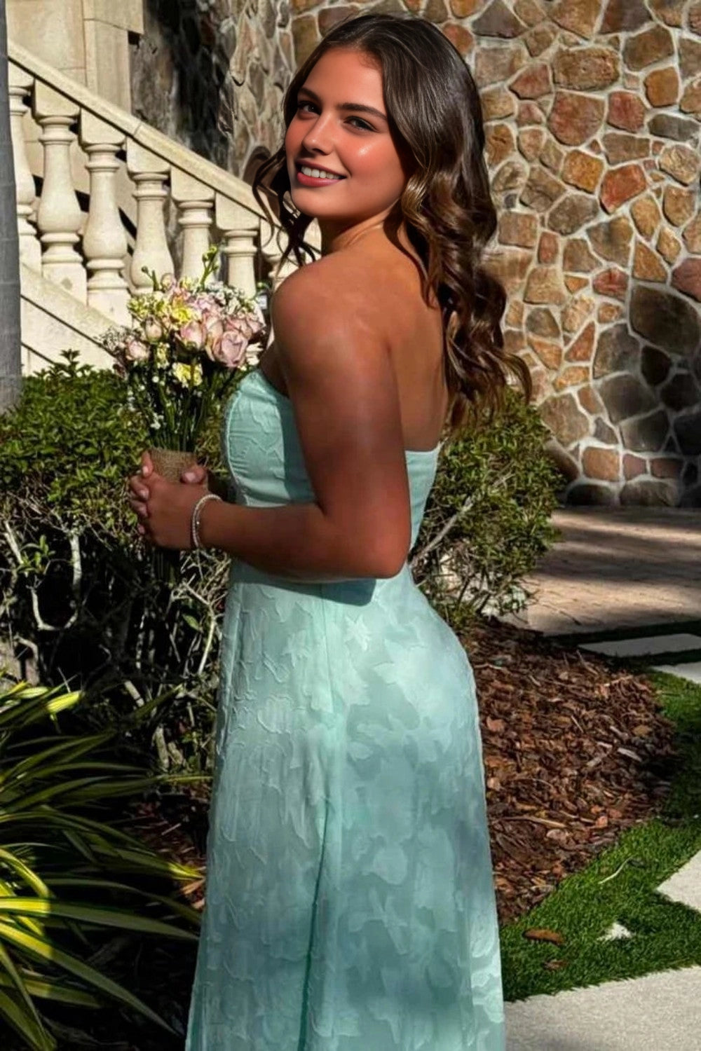 A‑line Strapless Jacquard Cut‑out‑back Slit Floor‑length Prom Dress
