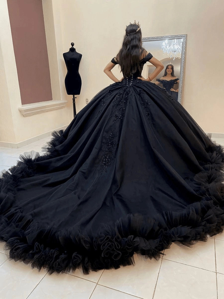 Black Ball Gown Off The Shoulder Short Sleeve Lace Up Back Long Quinceañera Dress