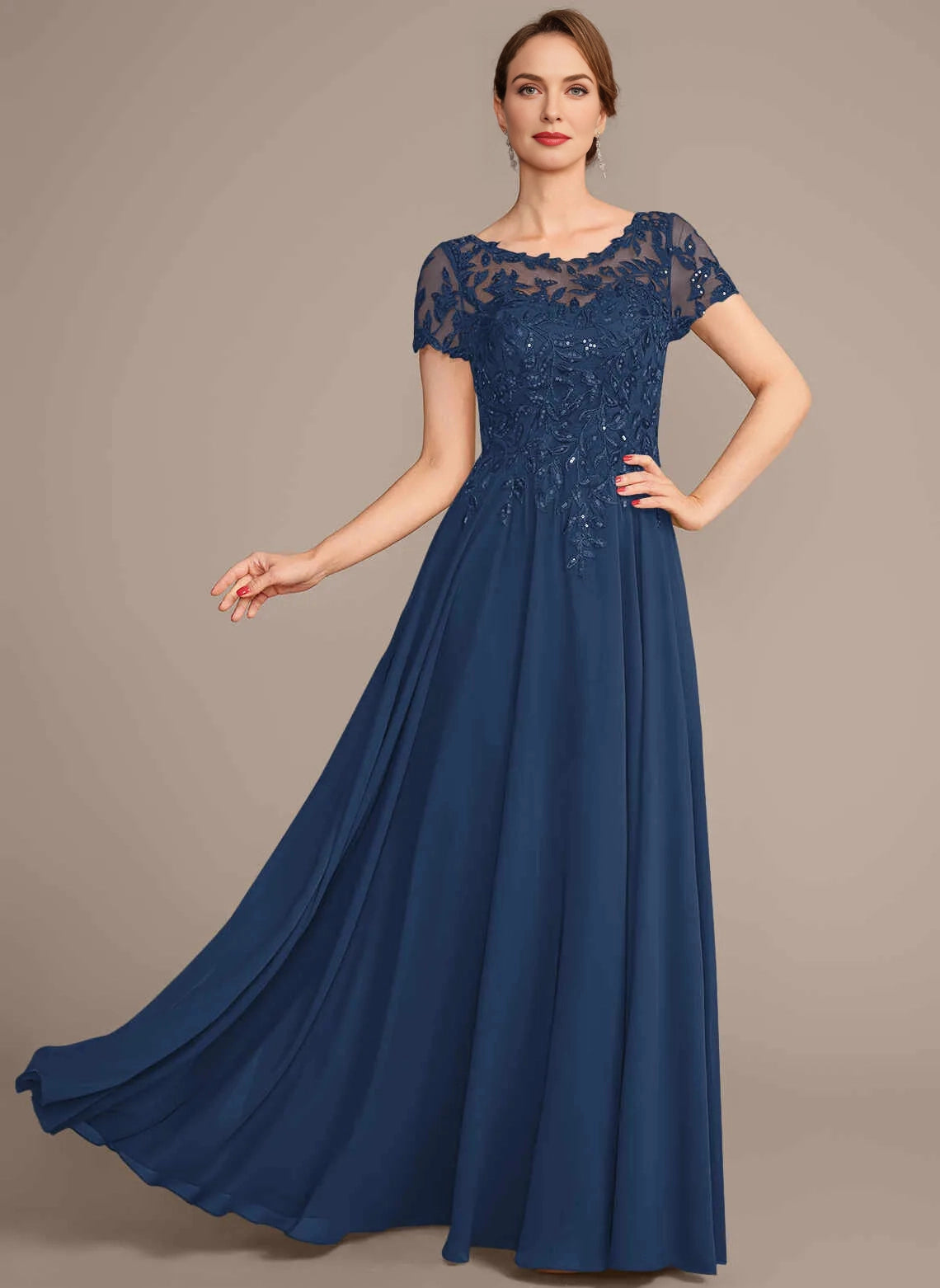 Elegant A‑Line Bateau Short Sleeve Illusion Back Long Mother Of The Bride Dress