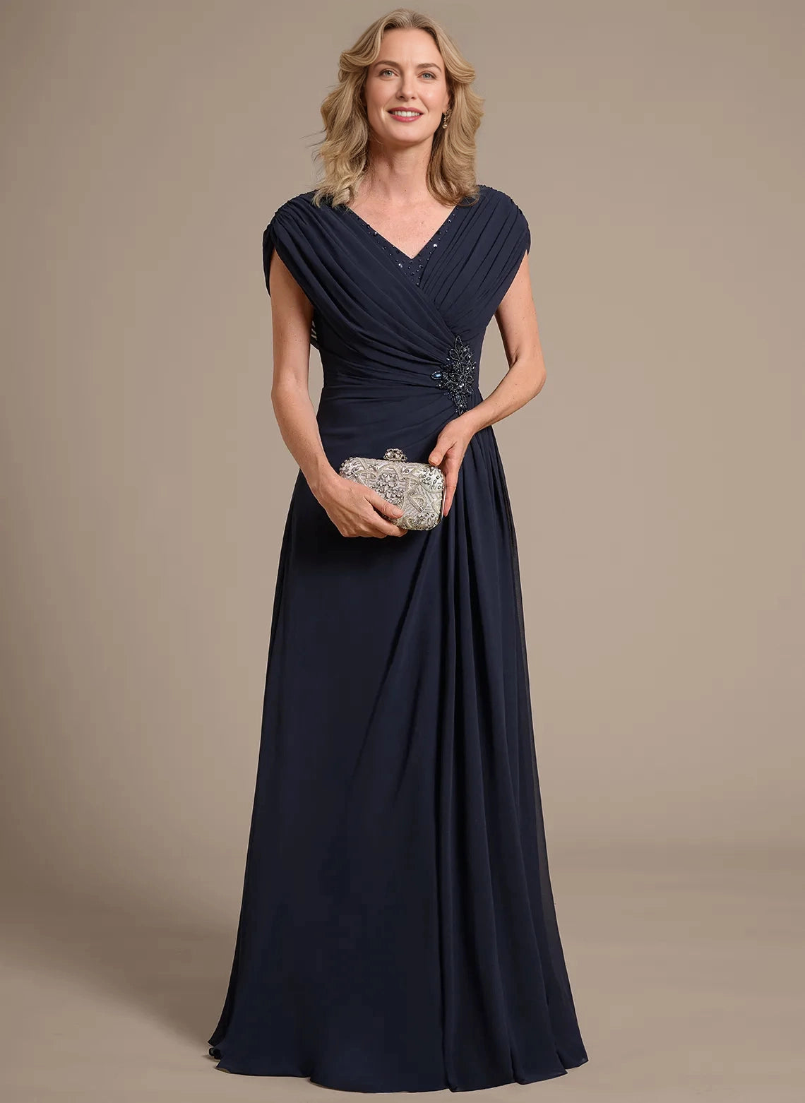 Classic A‑Line V‑Neck Cap Sleeve Zipper Back Floor‑Length Mother Of The Bride Dress